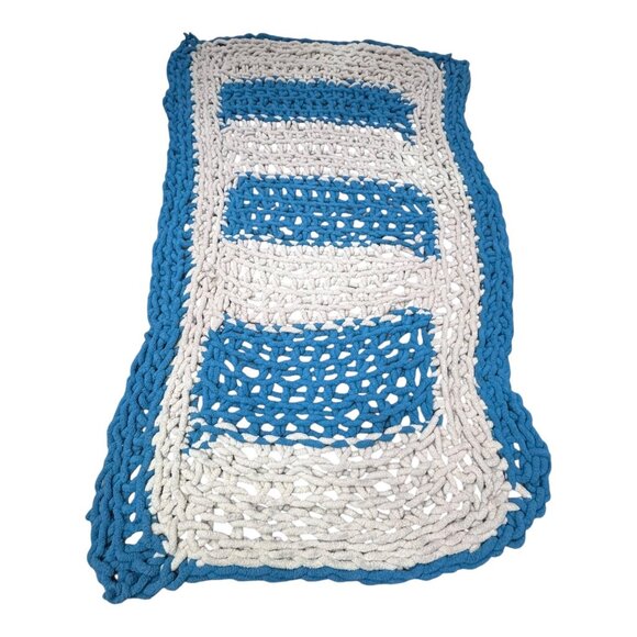 Handmade Crochet Throw Blanket Blue & White 41x82 Lap Wheelchair Crib Chair - Picture 1 of 4